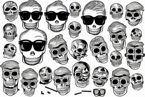 In the middle is a waist-high skeleton in dark glasses smoking cigarettes in a shirt with suspenders tattoo idea