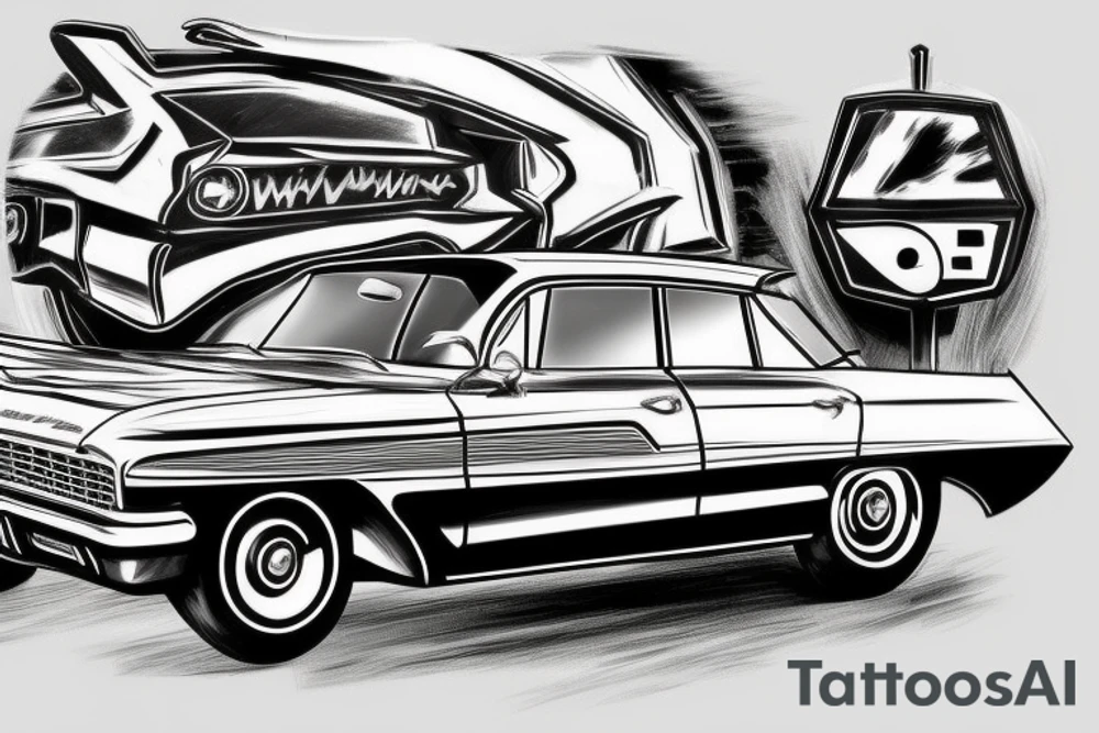 Chevrolet Impala 3rd facelift 1963 in front of highway 66 road sign tattoo idea