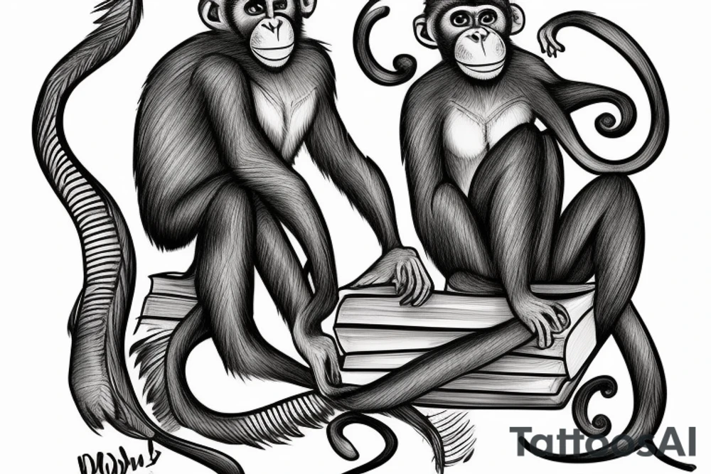 monkey sits on darwin books and thinks tattoo idea