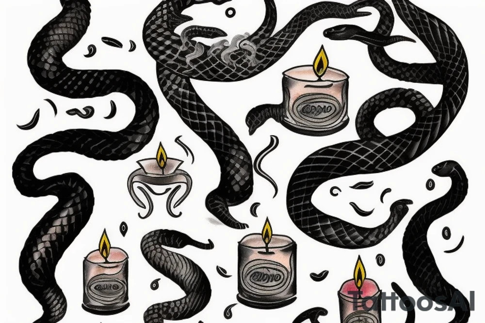 A black snake biting a candle tattoo idea