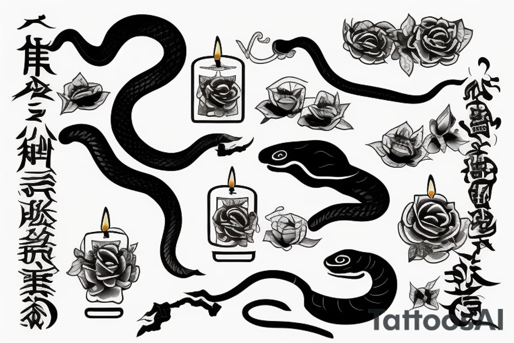 A black snake biting a candle tattoo idea