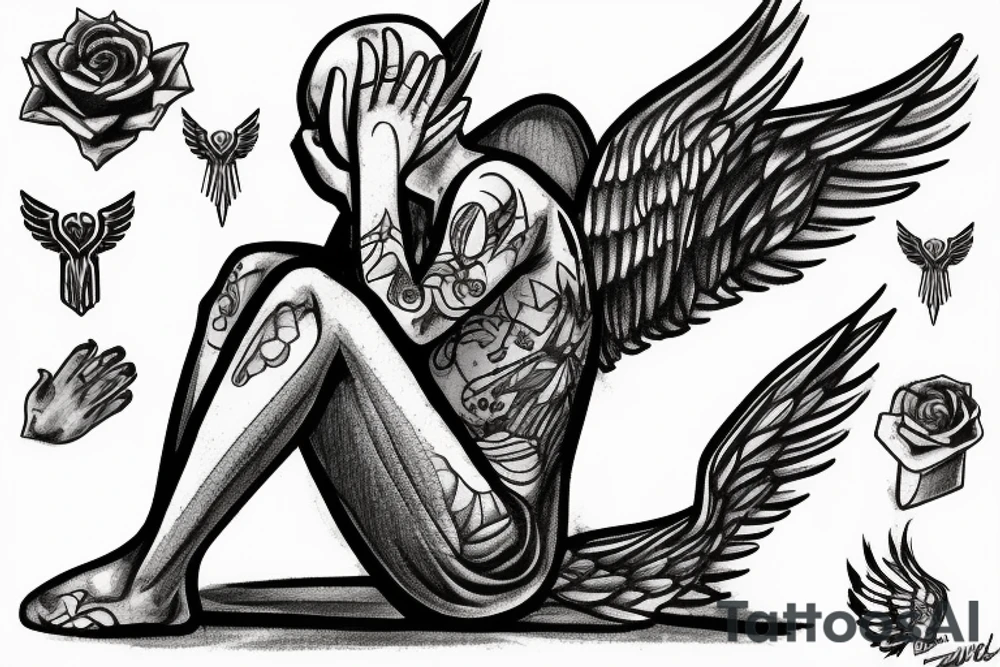 a fallen angel sits on a stone, covers his face with his hand, cries tattoo idea
