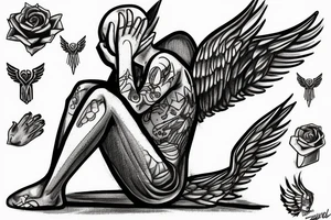 a fallen angel sits on a stone, covers his face with his hand, cries tattoo idea
