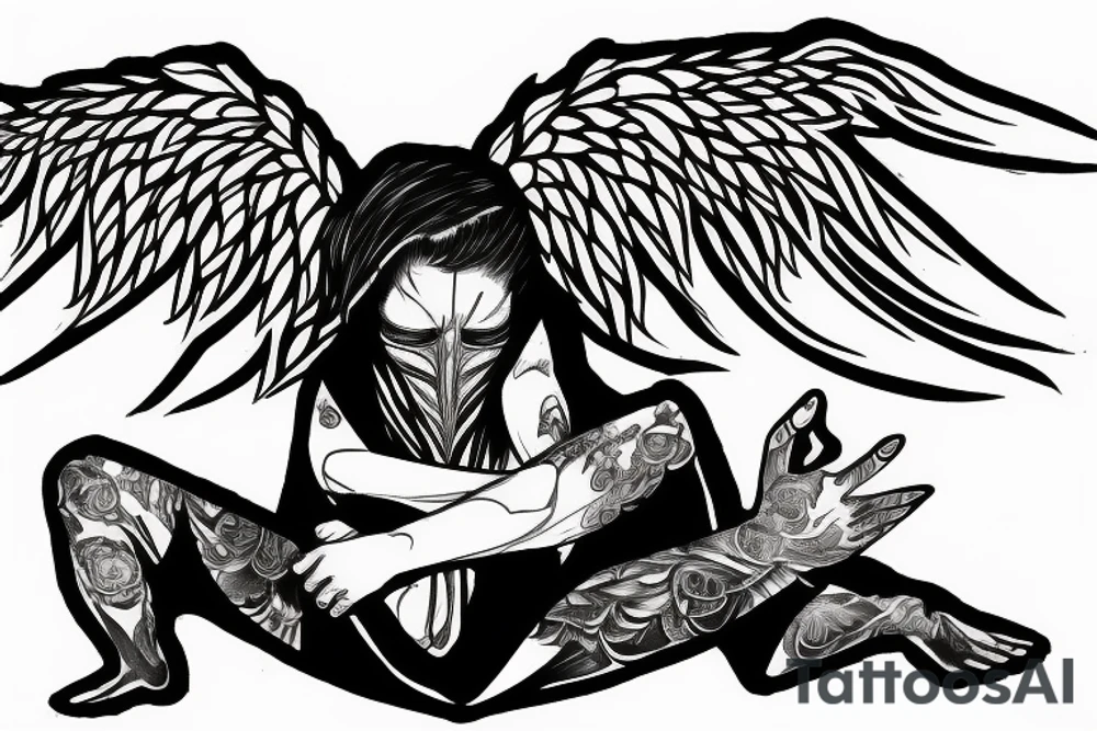 a fallen angel sits on a stone, covers his face with his hand, cries tattoo idea