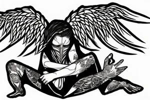a fallen angel sits on a stone, covers his face with his hand, cries tattoo idea