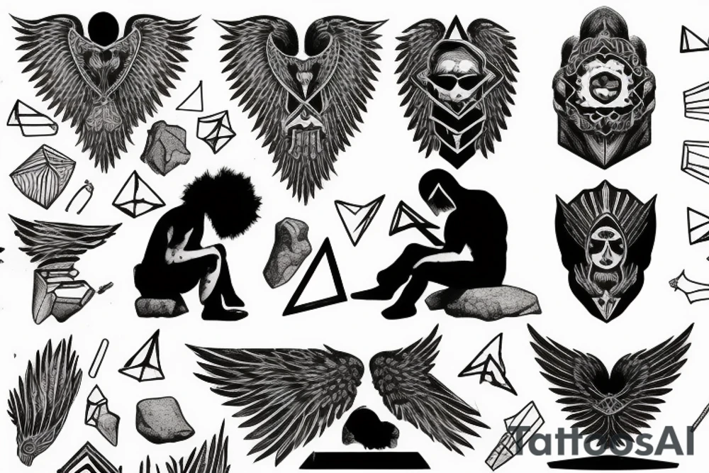 a fallen angel sits on a stone, covers his face with his hand, cries tattoo idea