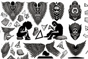a fallen angel sits on a stone, covers his face with his hand, cries tattoo idea
