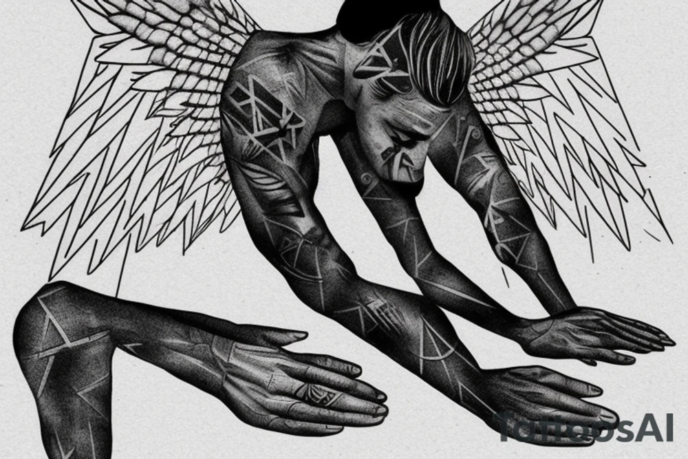 a fallen angel sits on a stone, covers his face with his hand, cries tattoo idea