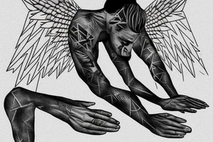 a fallen angel sits on a stone, covers his face with his hand, cries tattoo idea
