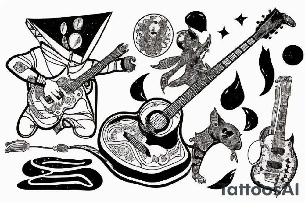 astronaut-shaman plays the guitar for the cat tattoo idea