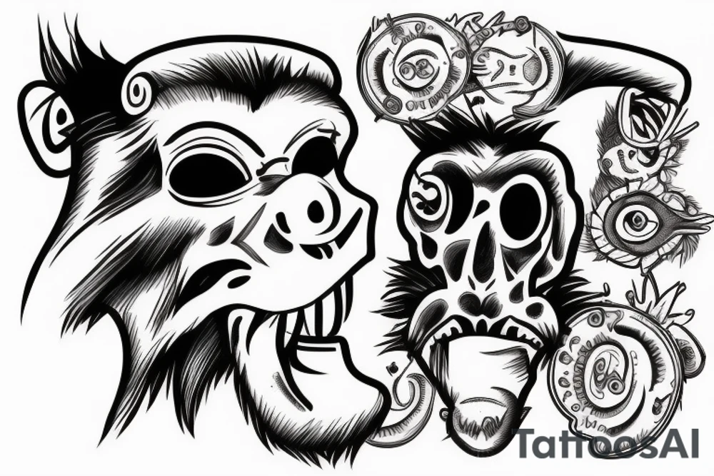 Dead monkey with red eyes and banana head tattoo idea