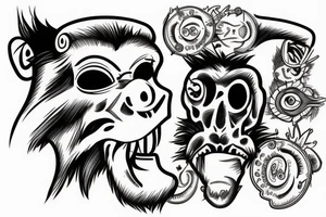 Dead monkey with red eyes and banana head tattoo idea
