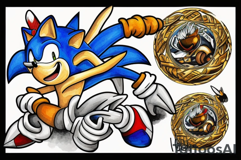 sonic the hedgehog with golden rings tattoo idea