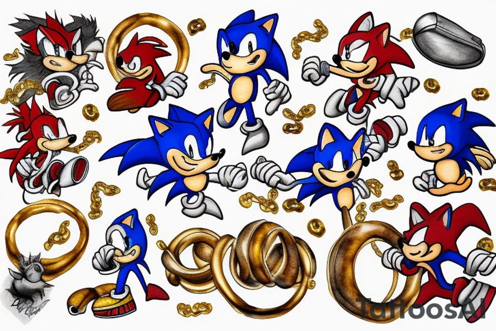 sonic the hedgehog with golden rings tattoo idea