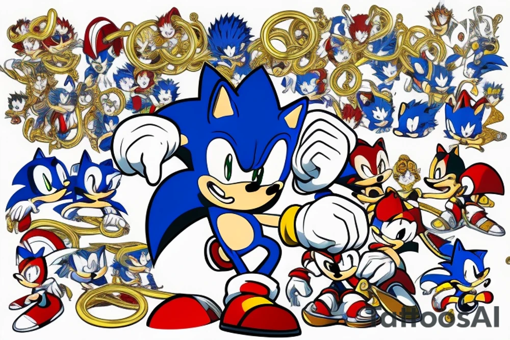 sonic the hedgehog with golden rings tattoo idea