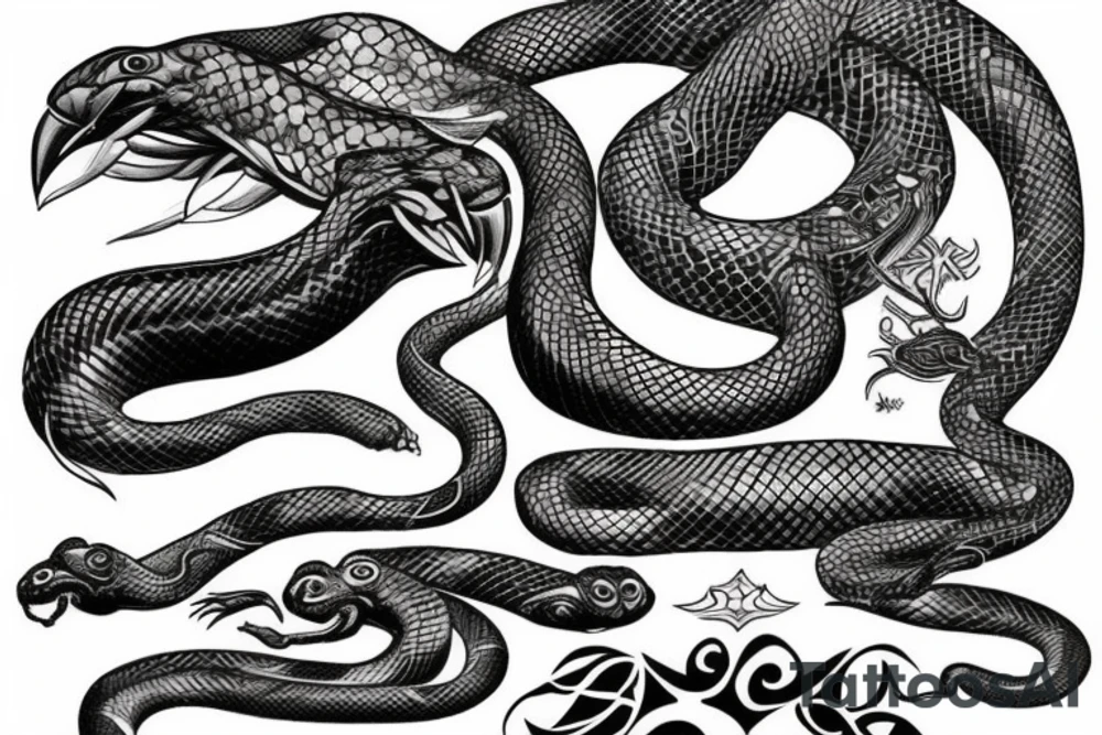 Big snake squizing a big black crow tattoo idea