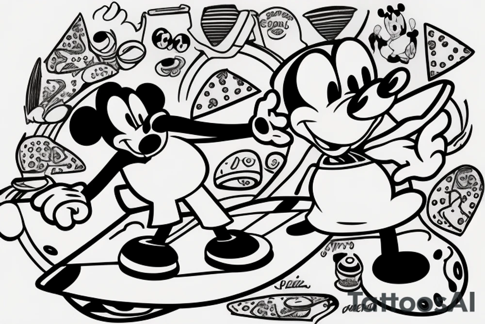 Cartoon pizza with glasses and mickey mouse hands with white glows riding a surfing board tattoo idea