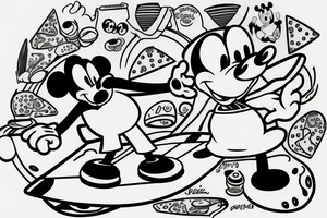 Cartoon pizza with glasses and mickey mouse hands with white glows riding a surfing board tattoo idea