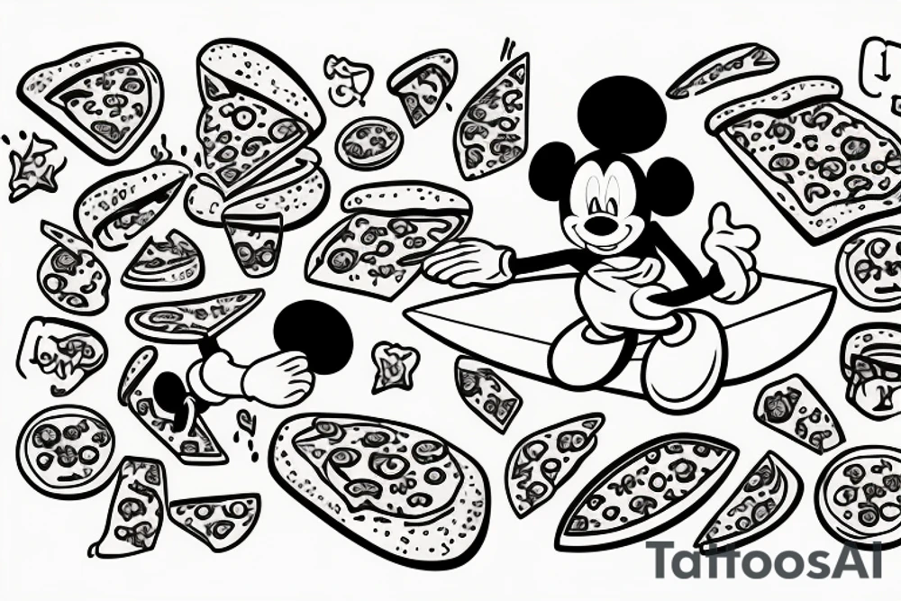 Cartoon pizza with glasses and mickey mouse hands with white glows riding a surfing board tattoo idea