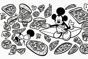 Cartoon pizza with glasses and mickey mouse hands with white glows riding a surfing board tattoo idea