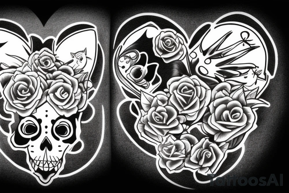 Cat skull with heart tattoo idea