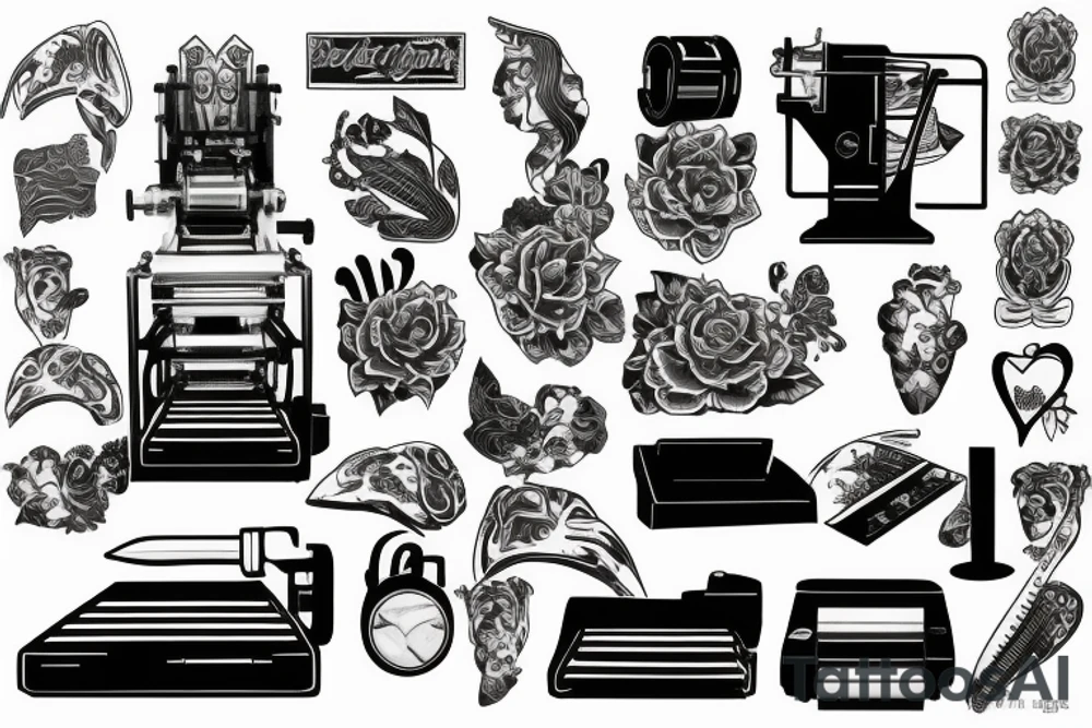 Black and white printing machine on which the writer's fingers beat tattoo idea
