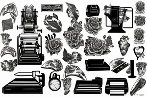 Black and white printing machine on which the writer's fingers beat tattoo idea