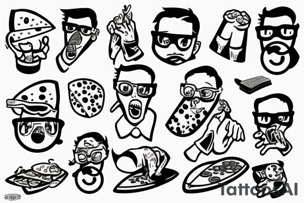 Cartoon pizza with glasses on eyes and white gloves on hands riding a surfing board tattoo idea