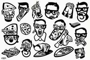 Cartoon pizza with glasses on eyes and white gloves on hands riding a surfing board tattoo idea