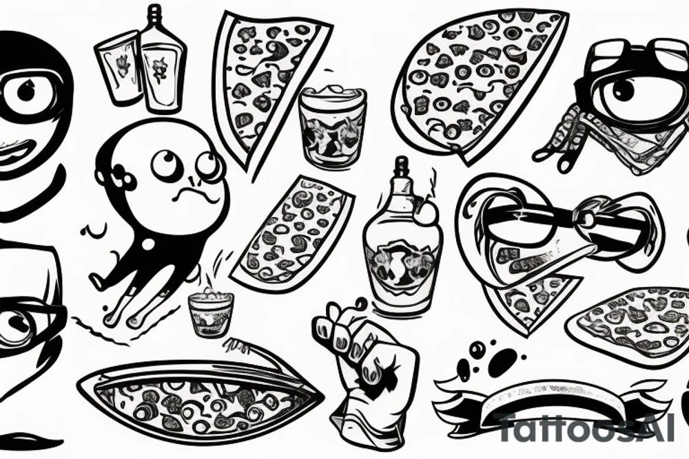 Cartoon pizza with glasses on eyes and white gloves on hands riding a surfing board tattoo idea