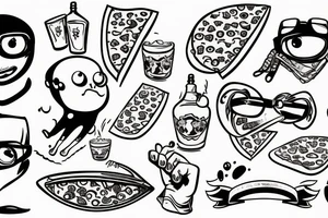 Cartoon pizza with glasses on eyes and white gloves on hands riding a surfing board tattoo idea