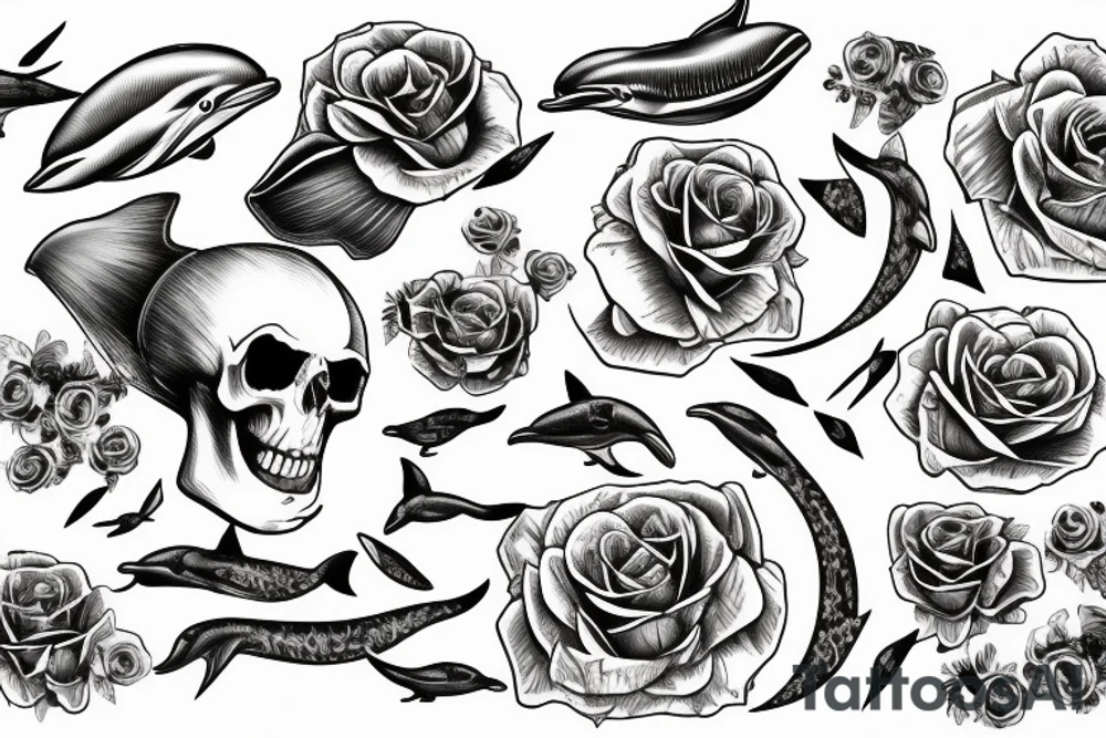 Sailing ship with dolphins and skulls roses and pistols tattoo idea