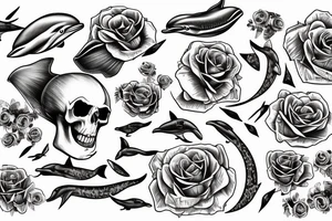 Sailing ship with dolphins and skulls roses and pistols tattoo idea