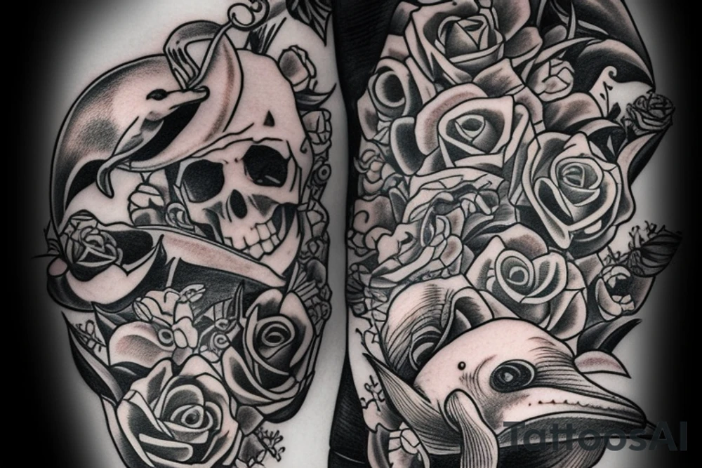 Sailing ship with dolphins and skulls roses and pistols tattoo idea