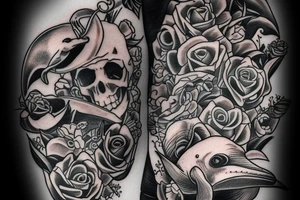 Sailing ship with dolphins and skulls roses and pistols tattoo idea