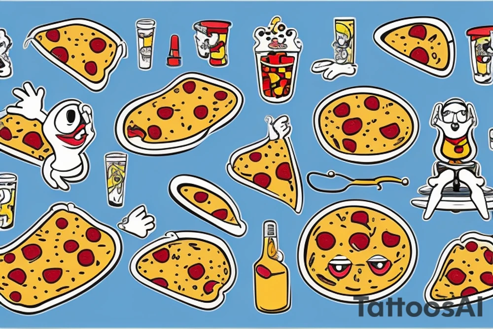 Cartoonish Pizza Mascot with glasses on eyes and white gloves on hands riding a surfing board tattoo idea