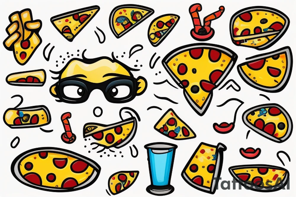 Cartoonish Pizza Mascot with glasses on eyes and white gloves on hands riding a surfing board tattoo idea