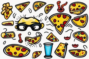 Cartoonish Pizza Mascot with glasses on eyes and white gloves on hands riding a surfing board tattoo idea