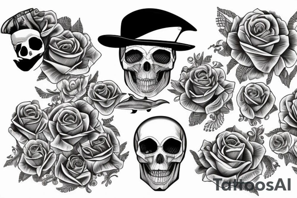 Sailing yacht with dolphins and skulls roses and pistols tattoo idea