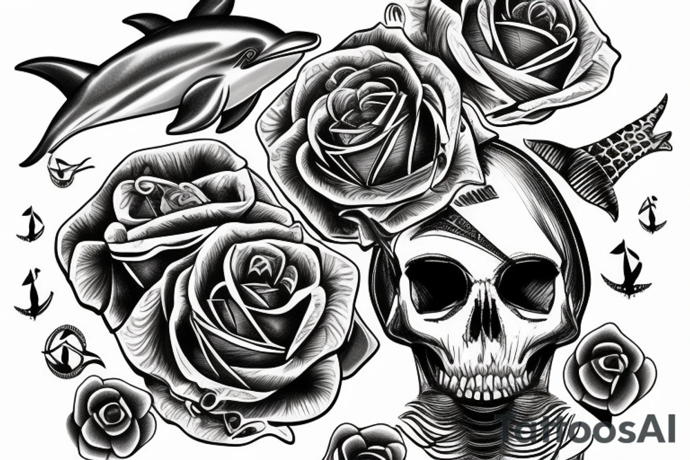 Sailing yacht with dolphins and skulls roses and pistols tattoo idea