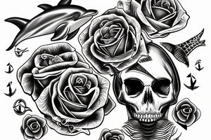 Sailing yacht with dolphins and skulls roses and pistols tattoo idea