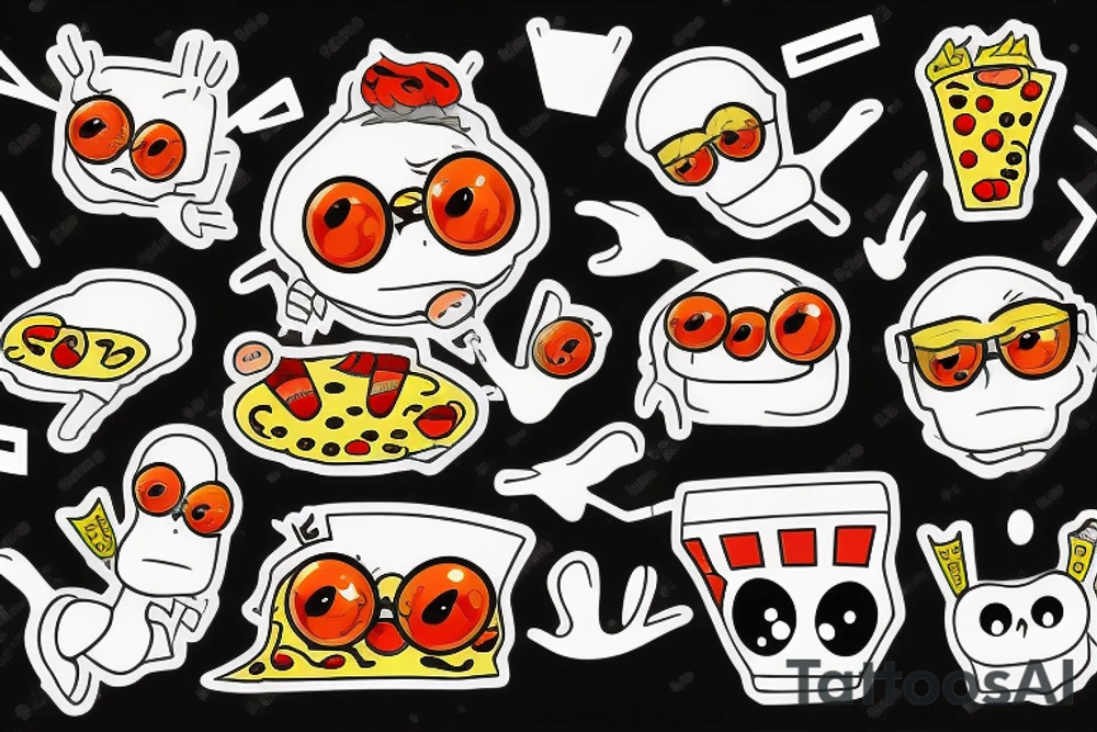 Cartoonish Pizza Mascot with glasses on eyes and white gloves in cool pose tattoo idea