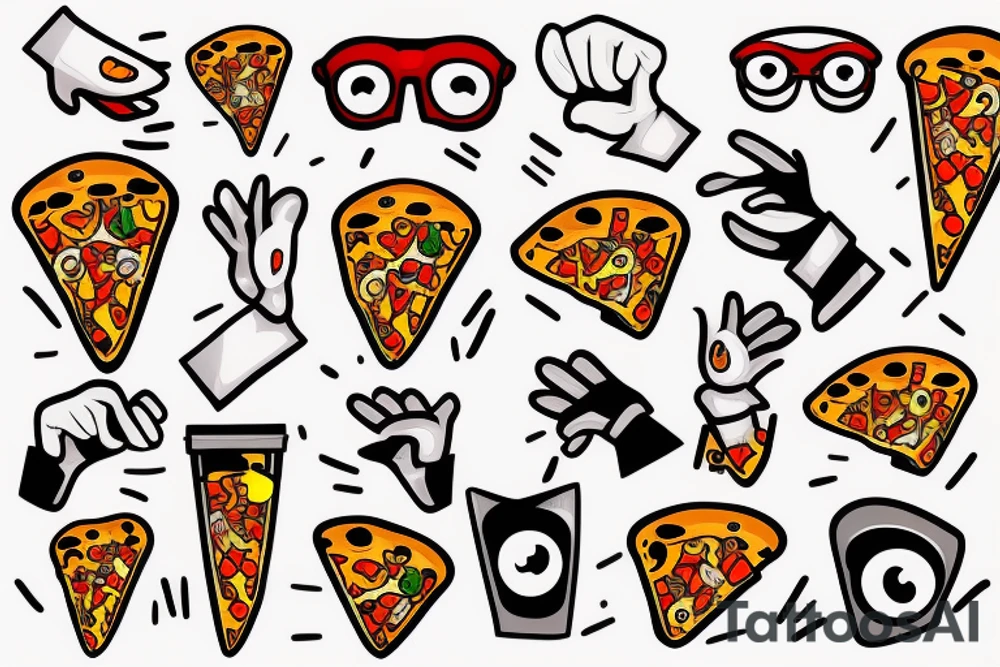 Cartoonish Pizza Mascot with glasses on eyes and white gloves in cool pose tattoo idea
