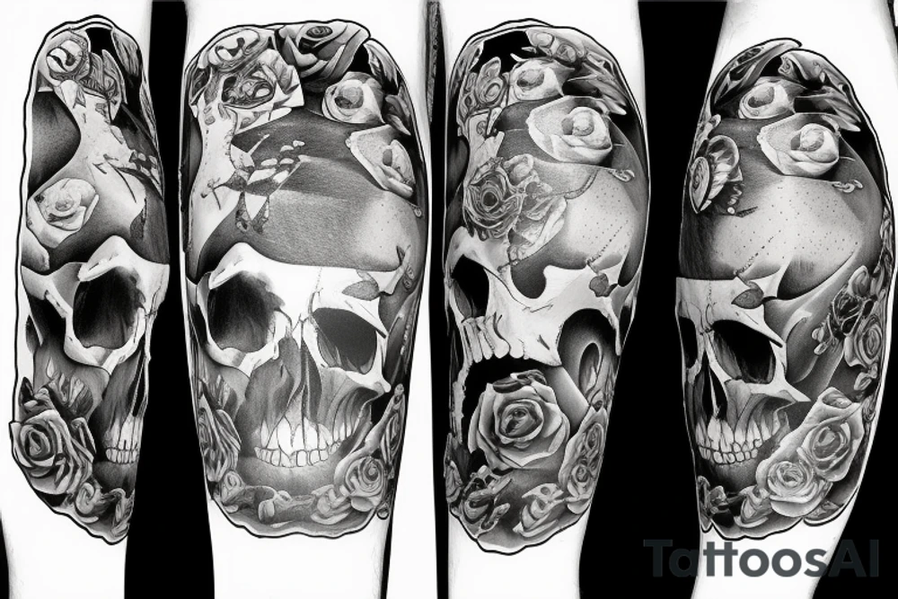 Sailing yacht with dolphins and skulls roses and pistols tattoo idea