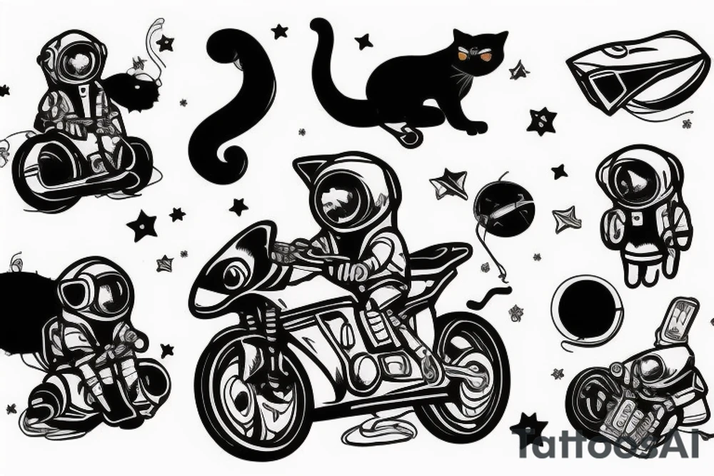 cat dressed as an astronaut on a motorcycle with a cigarette in his mouth tattoo idea