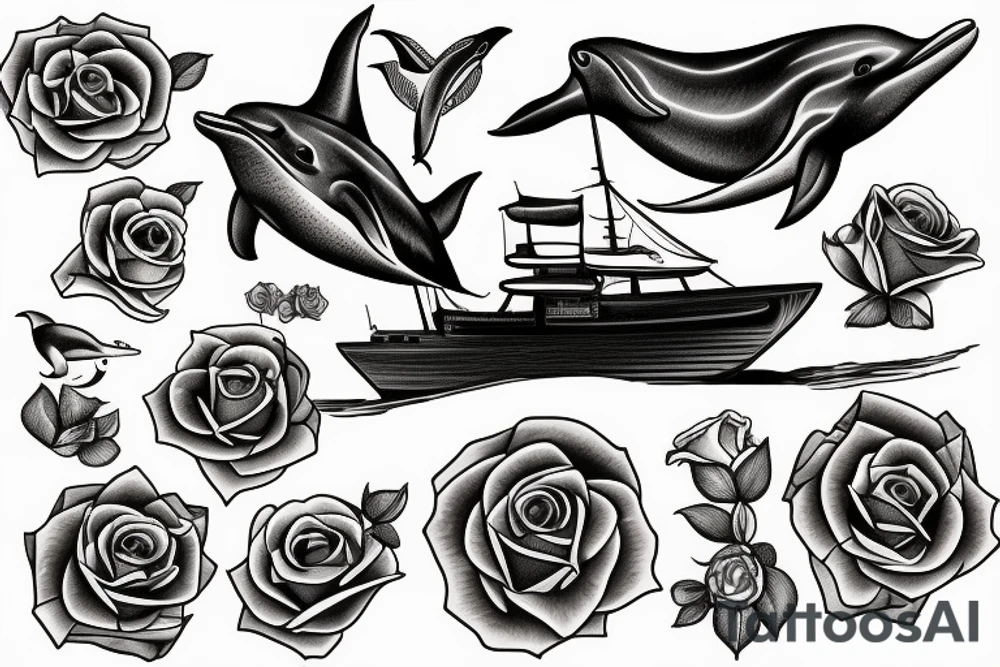 Sailing yacht with dolphins and roses and pistols tattoo idea