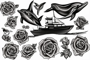 Sailing yacht with dolphins and roses and pistols tattoo idea