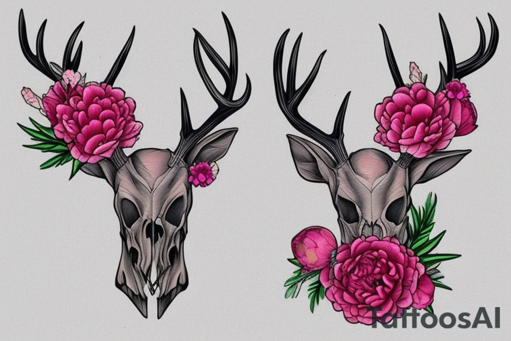Deer skull with peony bouquet on the top of its antlers. tattoo idea