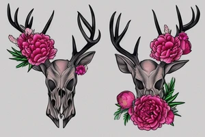 Deer skull with peony bouquet on the top of its antlers. tattoo idea