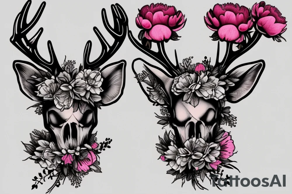 Deer skull with peony bouquet on the top of its antlers. tattoo idea